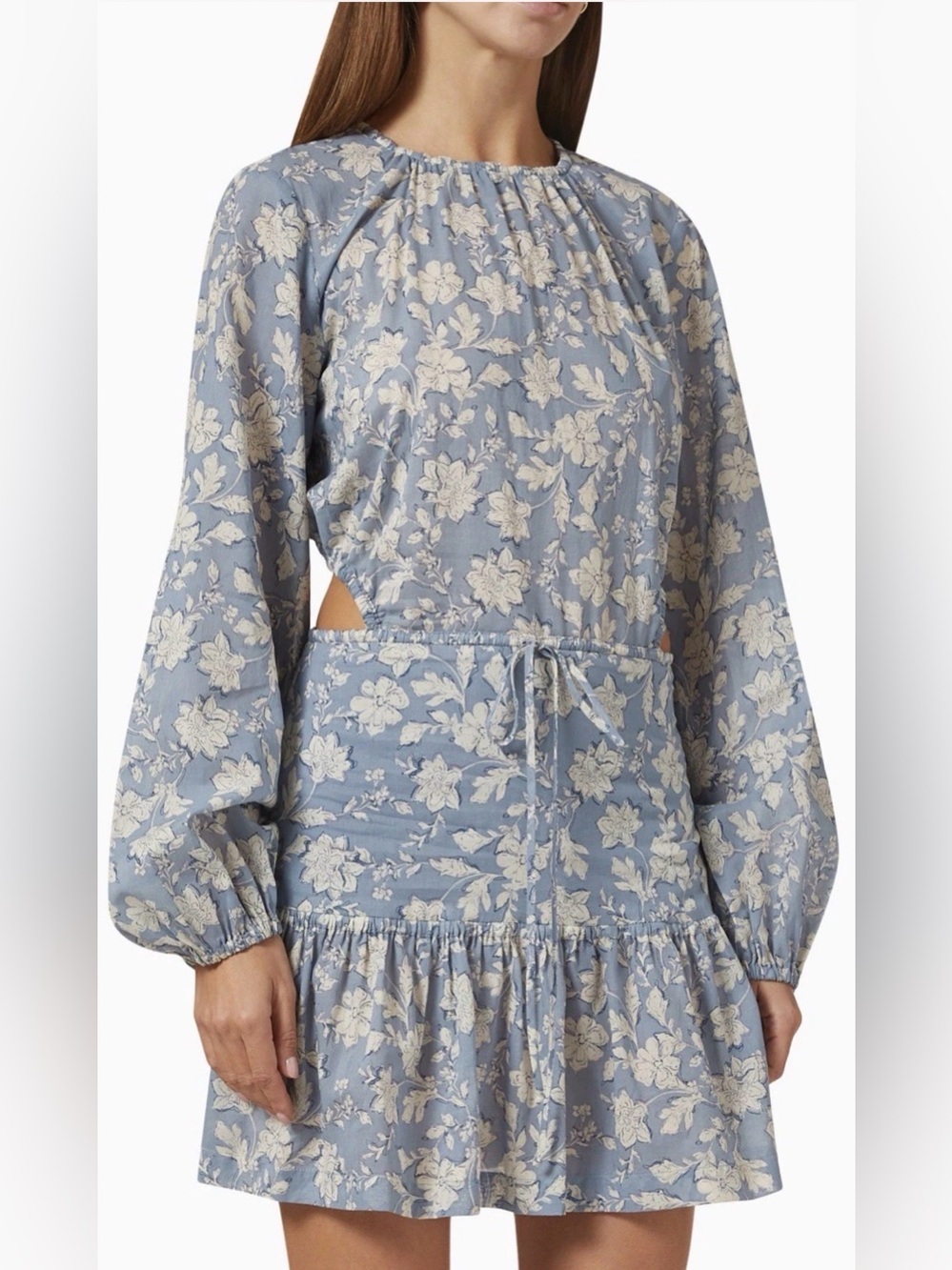 Light Blue Floral Long-Sleeve Drawstring Waist Dress Anthropologie OPT